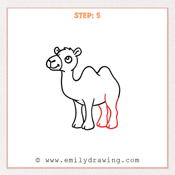 how to draw a cartoon camel - Cartoon camel now has two added hind legs at the back, with rounded feet and clear overlap to show depth.